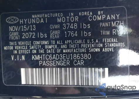 2014 Hyundai Veloster Base W/Black from USA, damaged, VIN KMHTC6AD3EU186380